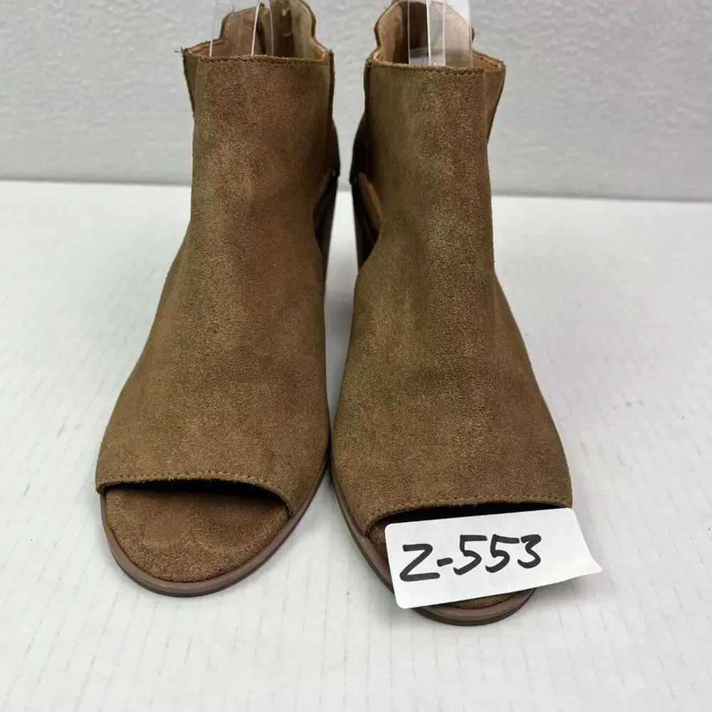 Lucky Brand Ankle Booties Womens 6.5 M Brown Keight Stacked Heel Open Toe Suede